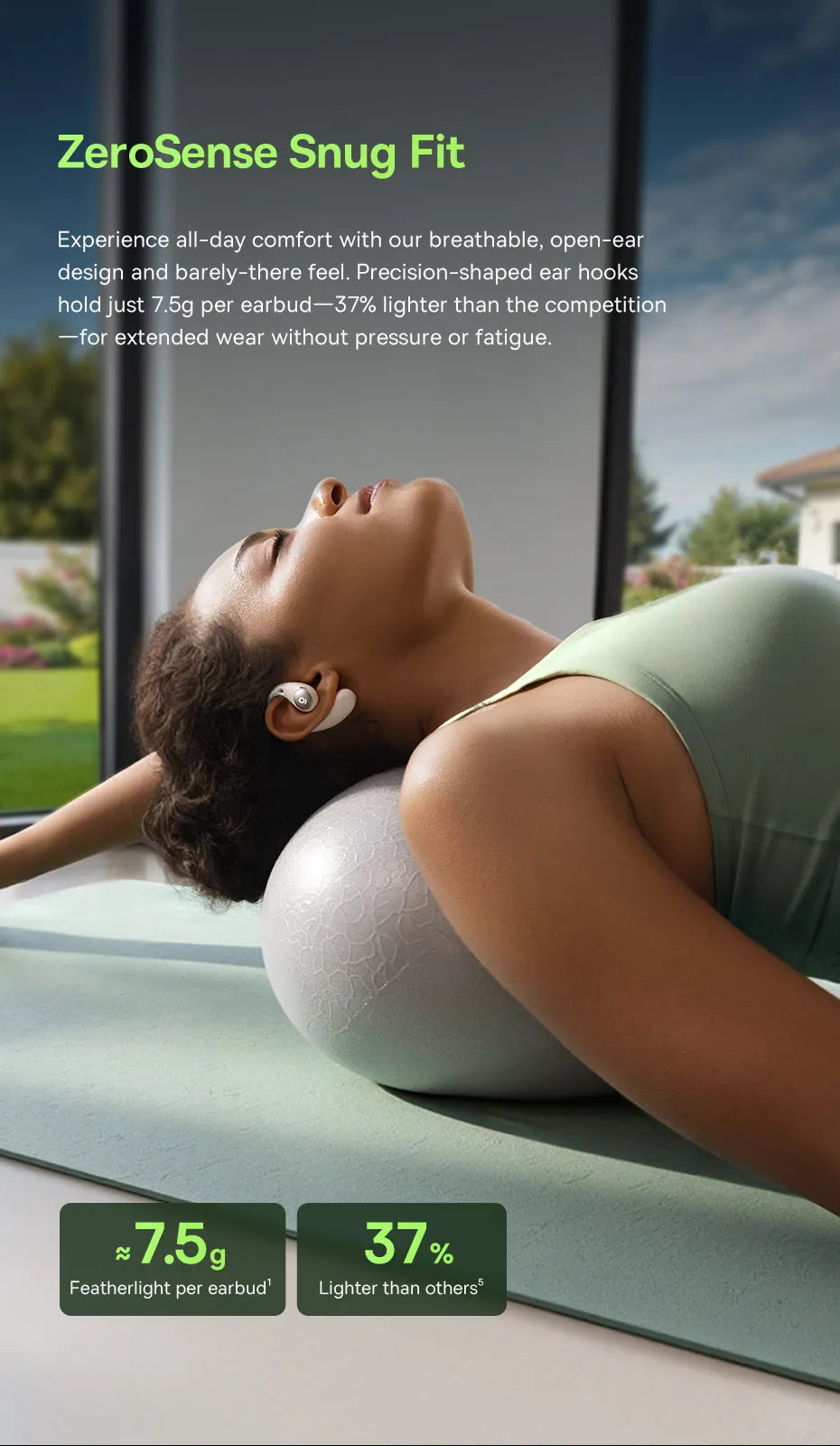 Woman lying on a mat with earbuds in her ears, text about ZeroSense Snug Fit earphones.