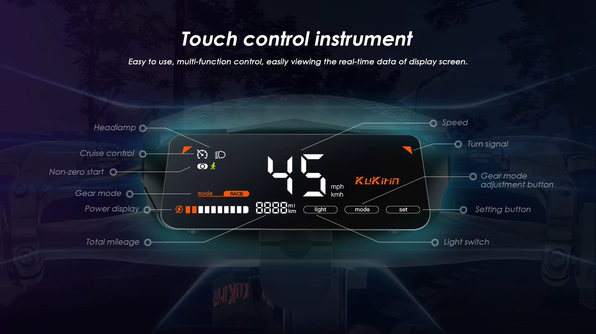 Digital instrument cluster LCD display with touch control interface displaying various e-scooter information.