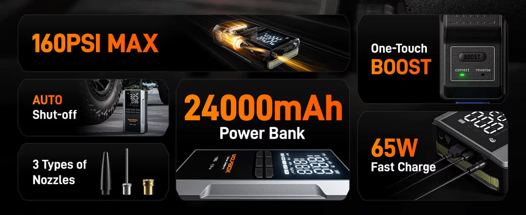 Power bank with features highlighted on a dark background