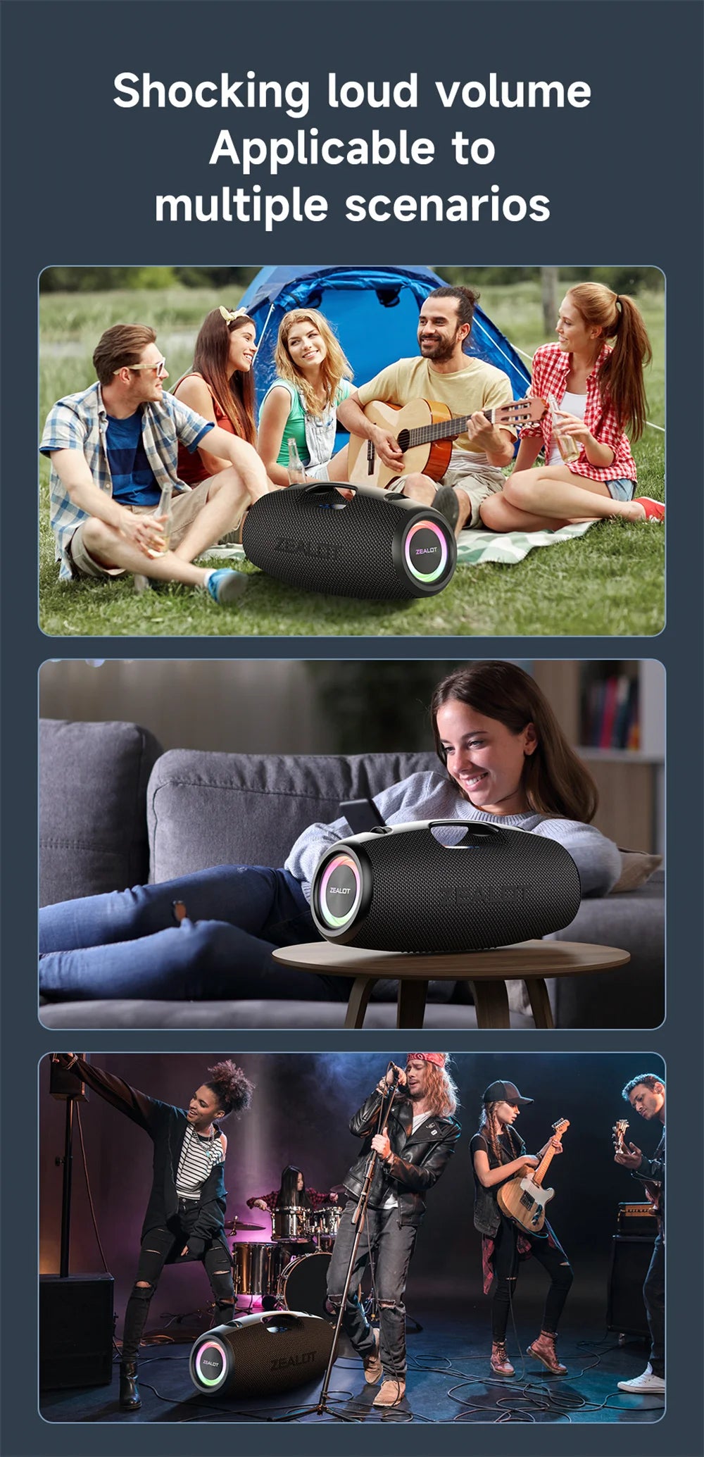 Portable speaker being used in various scenarios including a campsite, living room, and concert.