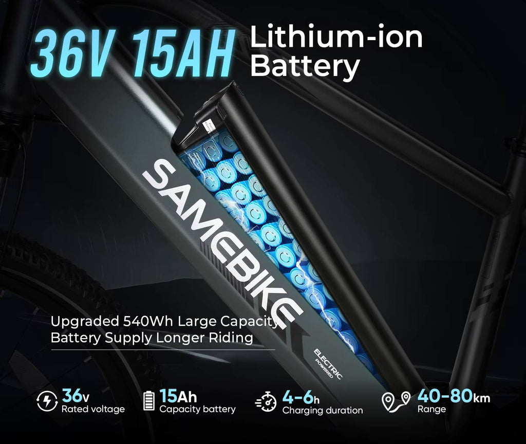 SAMEBIKE RS-A01 MEN lithium-ion battery pack with specifications on a dark background