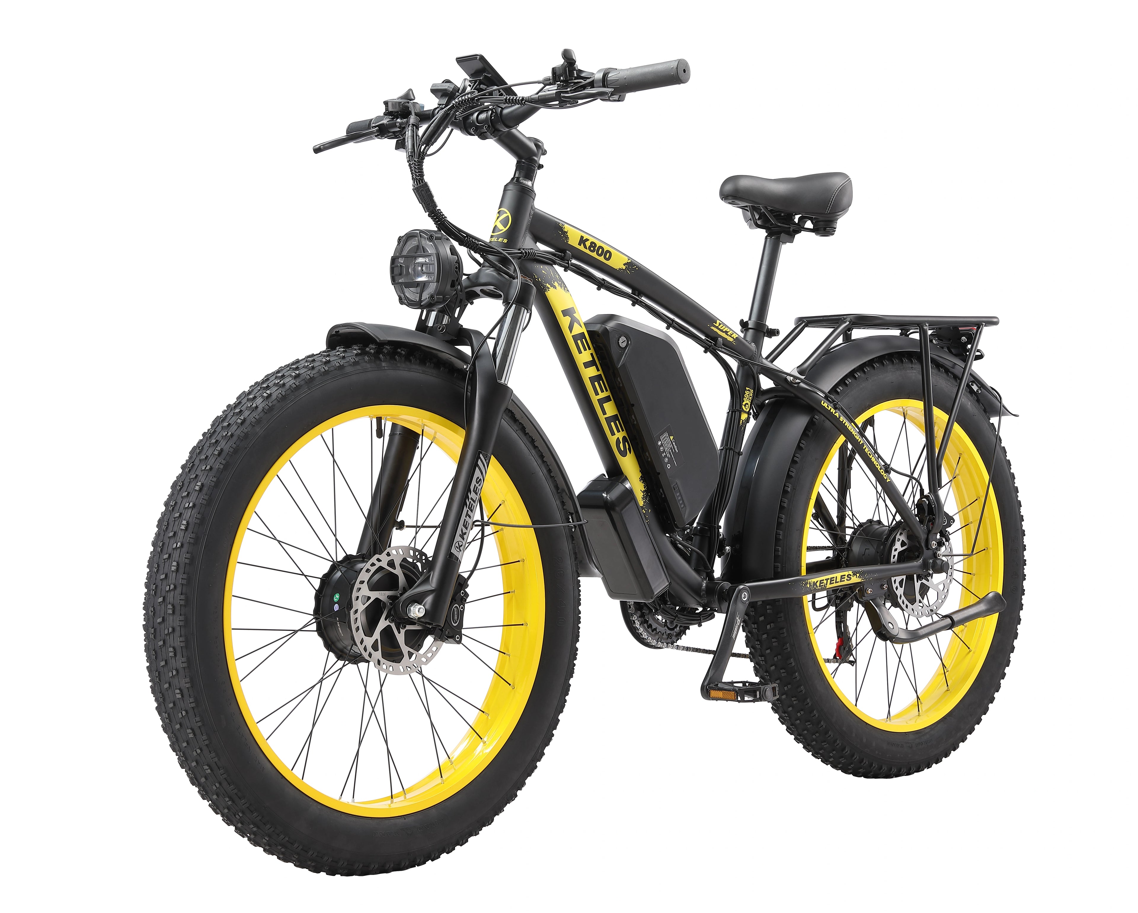 Black Electric bike with yellow wheels on a white background