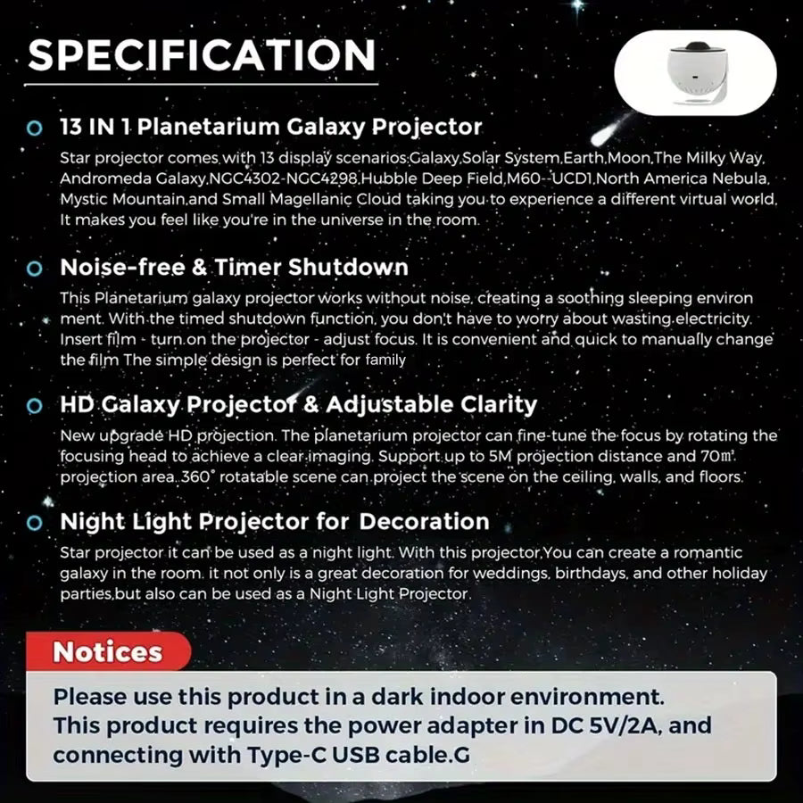 Product specification card for a 13-in-1 Planetary Galaxy Projector with star projector, noise-free shutdown, and night light features.