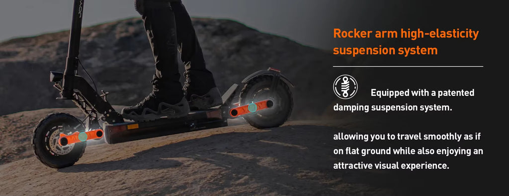 Person riding an electric scooter with text about a high-elasticity suspension system on a dark background