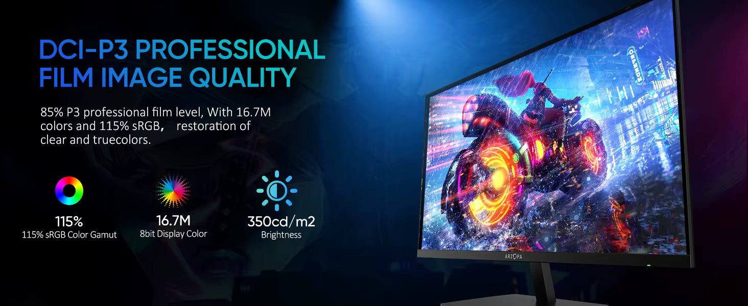 A professional monitor display shown in a dark studio-style promotional graphic. The screen displays a colorful sci-fi motorcycle scene, with large text on the left describing DCI-P3 professional film image quality, 85% P3 professional film level, 16.