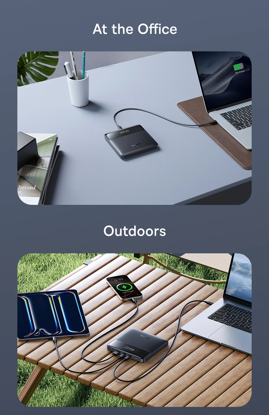 Two images showing a portable power station being used at an office desk and outdoors on a table.