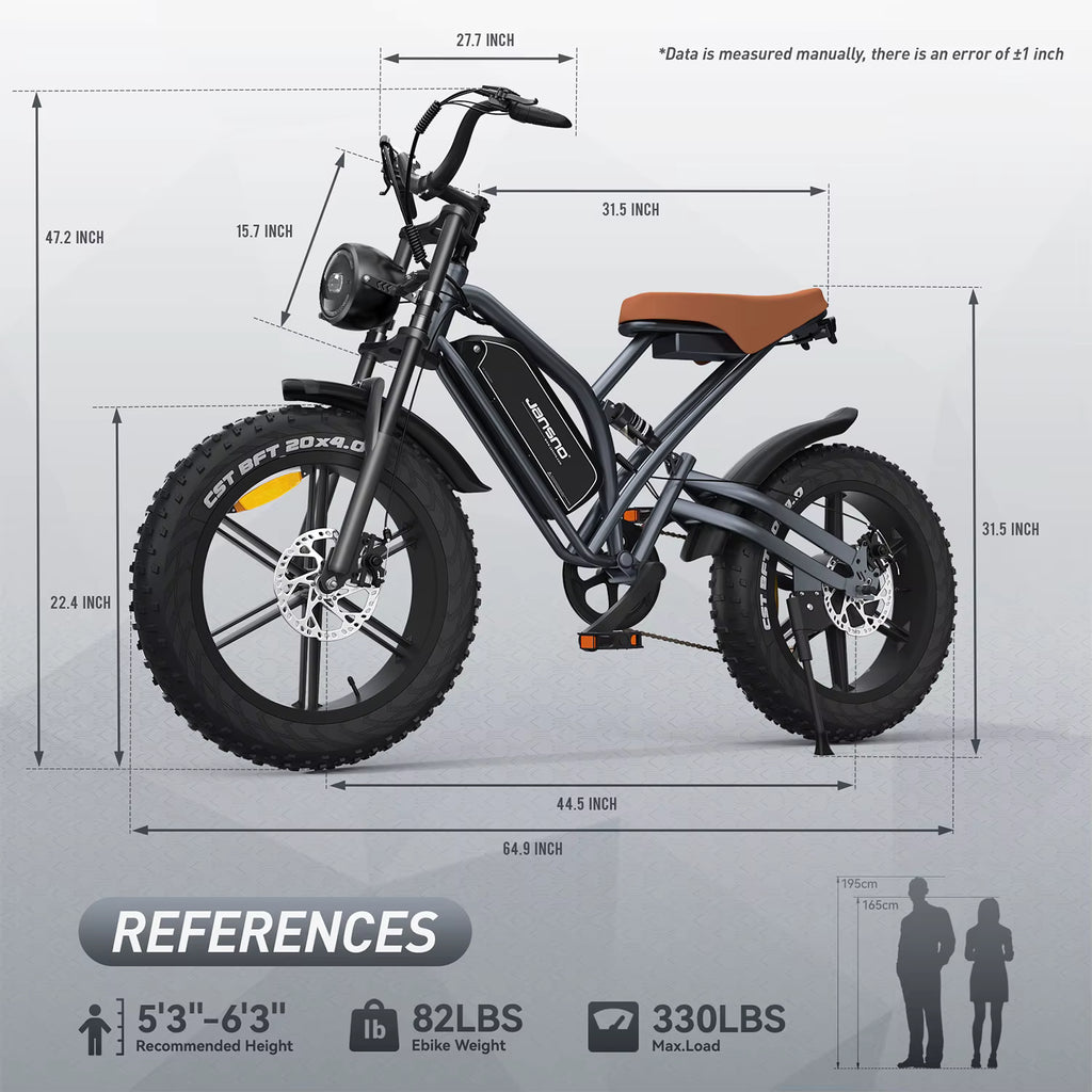 Measurement chart of a JANSNO X50 fat-tire electric bike with dimensions and weight information.
