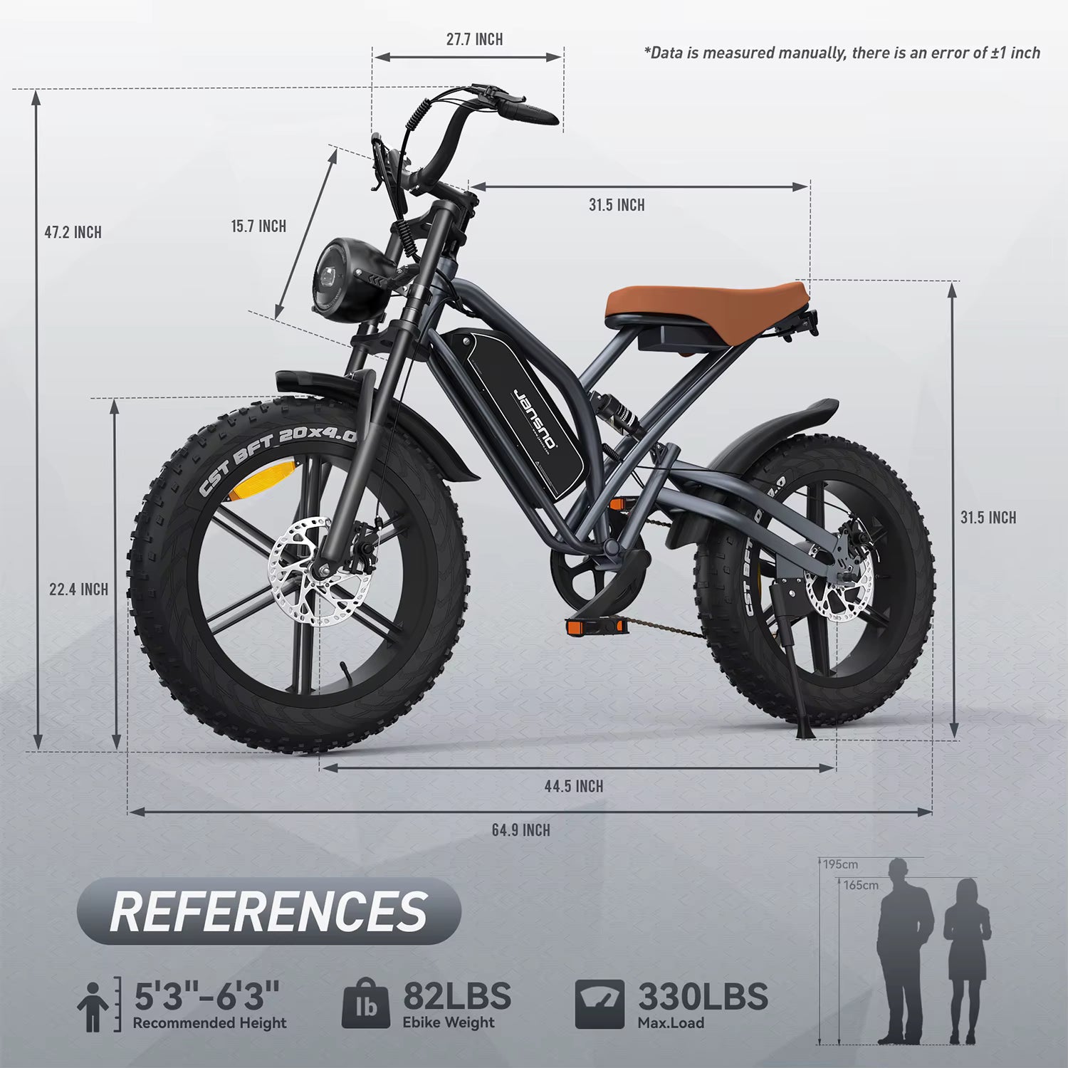 Measurement chart of a JANSNO X50 fat-tire electric bike with dimensions and weight information.