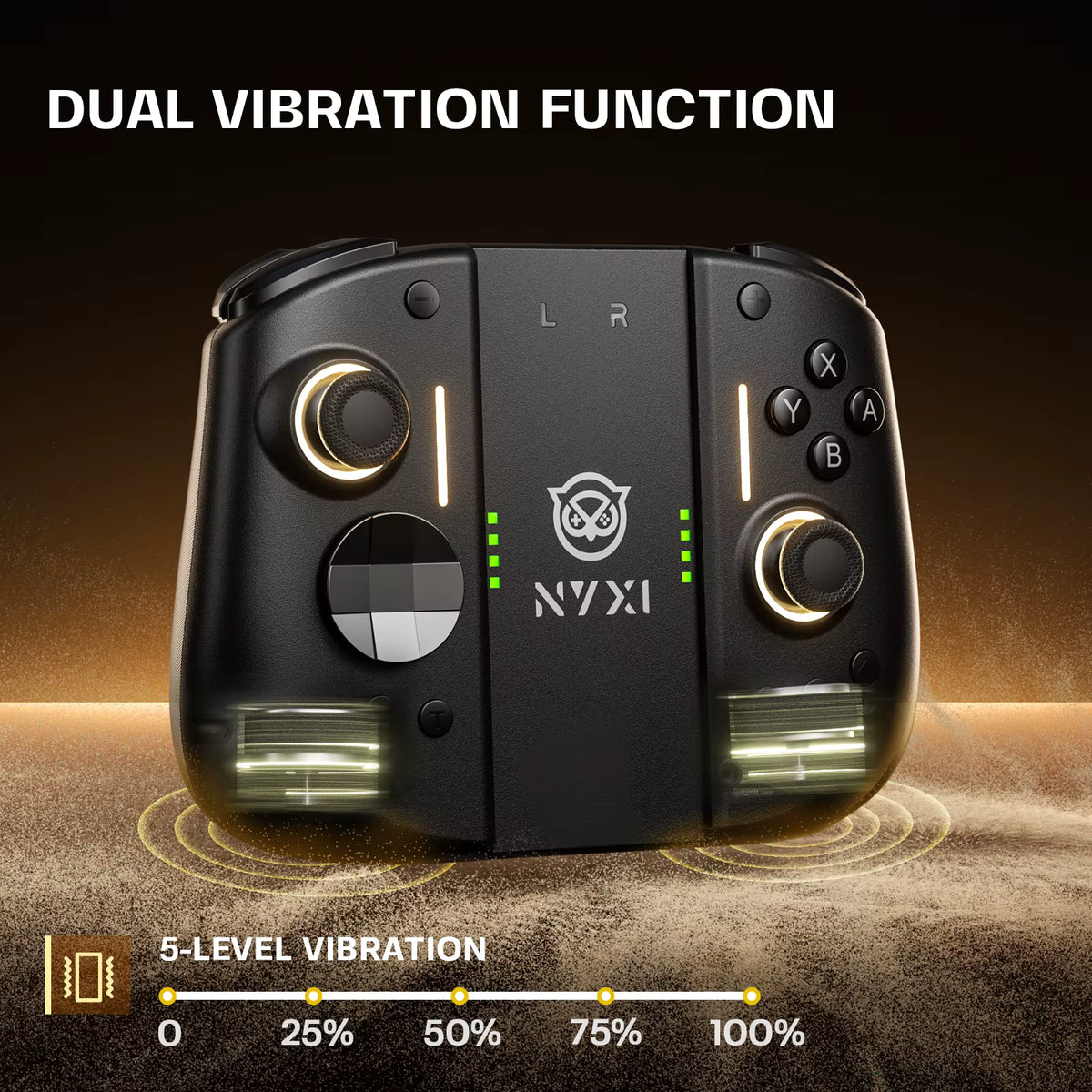 Black NYXI dual vibration game controller shown against a dark brown background with text reading 'DUAL VIBRATION FUNCTION' and a vibration level graphic at the bottom.