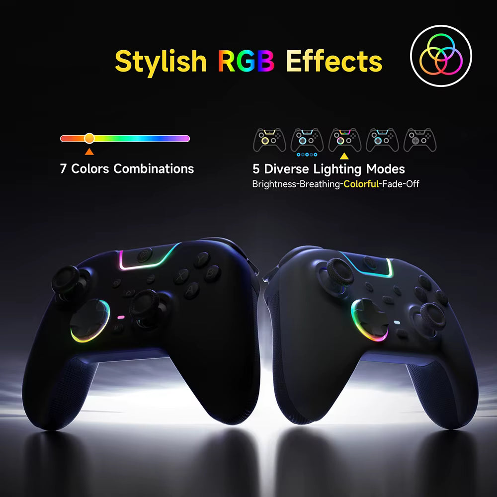 Matte black and pearl white controllers showing customizable RGB lighting modes   