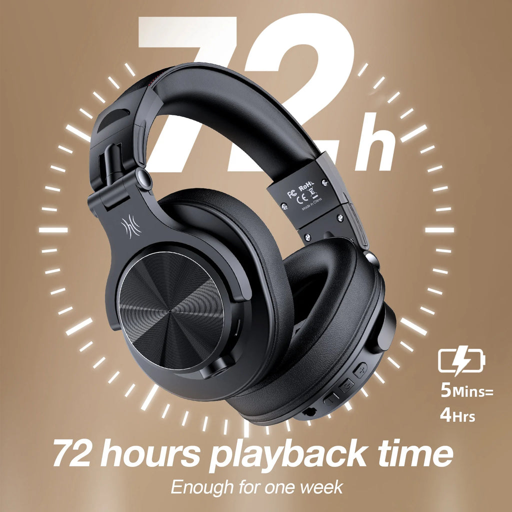 Black OneOdio A70 headphones with 72 hours playback time on a brown background