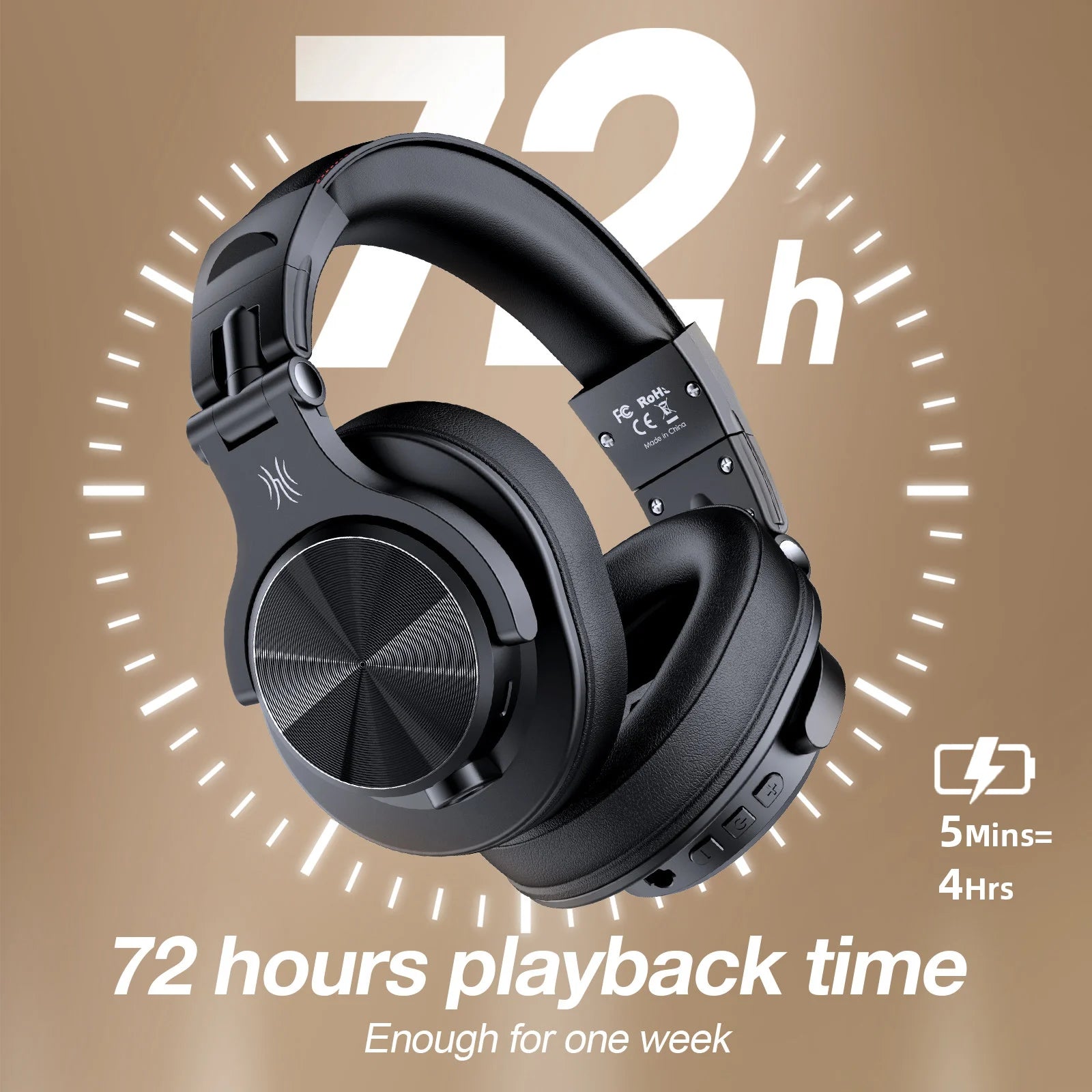 Black OneOdio A70 headphones with 72 hours playback time on a brown background