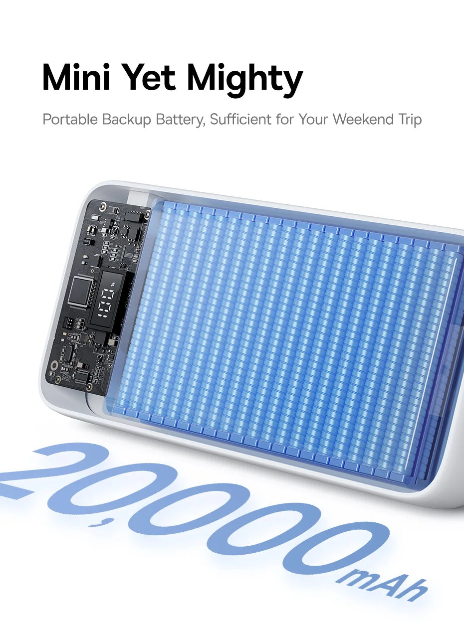 Portable backup battery with blue LED lights and text on a white background