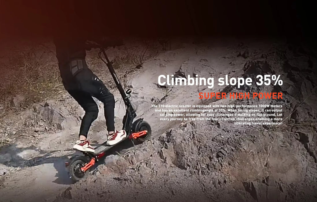 Person riding an electric scooter on a steep incline with text about climbing slope and power.