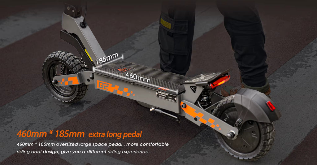 Electric scooter with detailed specifications on a dark background