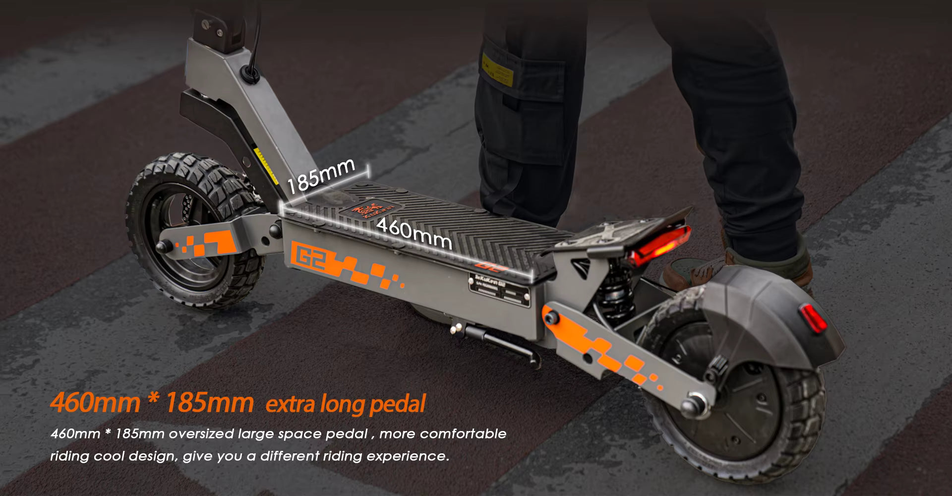 Electric scooter with detailed specifications on a dark background