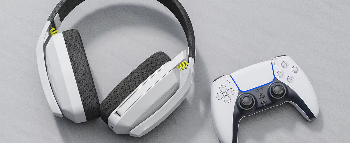 Promotional product shot of the gaming headset displayed alongside a PlayStation 5 controller