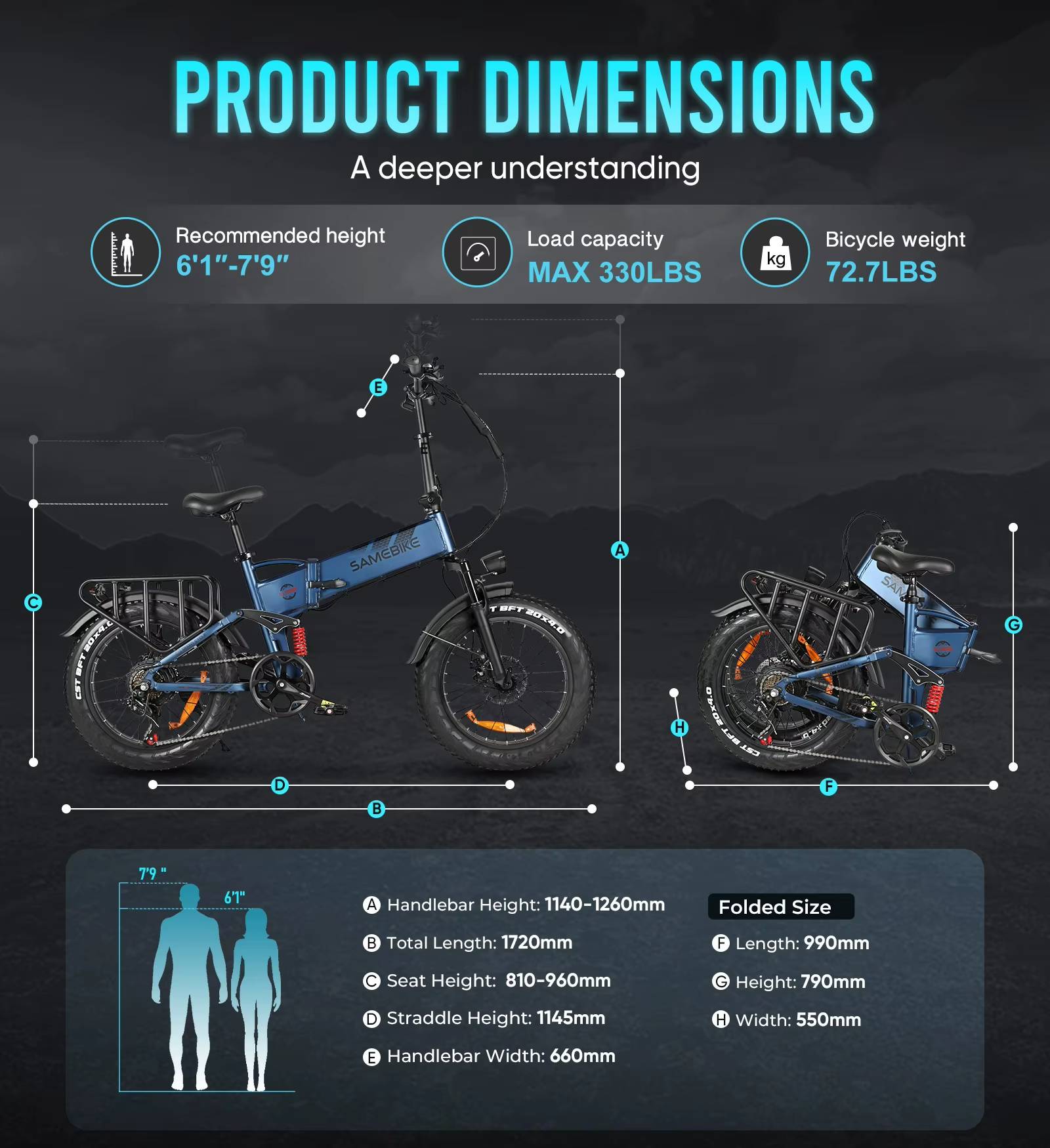 Samebike RS‑A02 PRO Product dimensions chart for the electric bicycle with specifications on height, load capacity, and weight.
