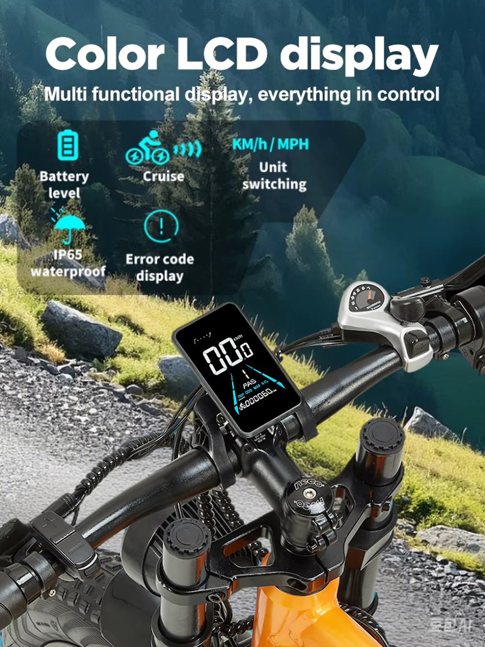 RANDRIDE YX80 Color LCD display on a bicycle handlebar with outdoor scenery in the background