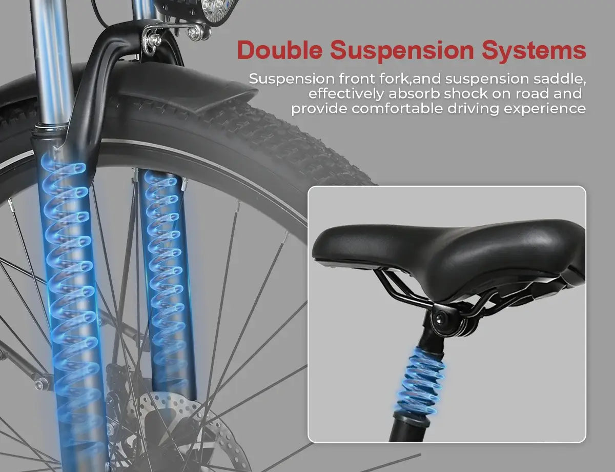 SAMEBIKE RS‑A01 PRO‑T Electric Bicycle with double suspension system highlighting front fork and saddle on a gray background.