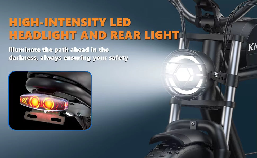 Electric bicycle headlight and rear light with text on a dark background
