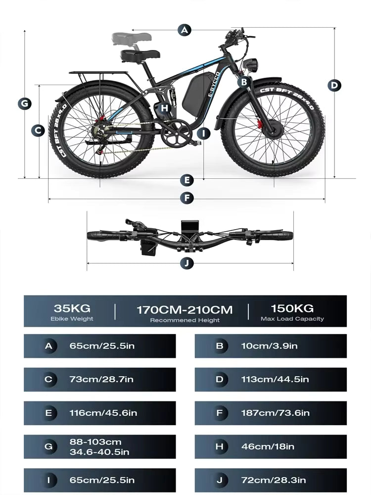 Technical diagram of an E‑BYCCO EB7Pro  electric bike with dimensions and specifications.