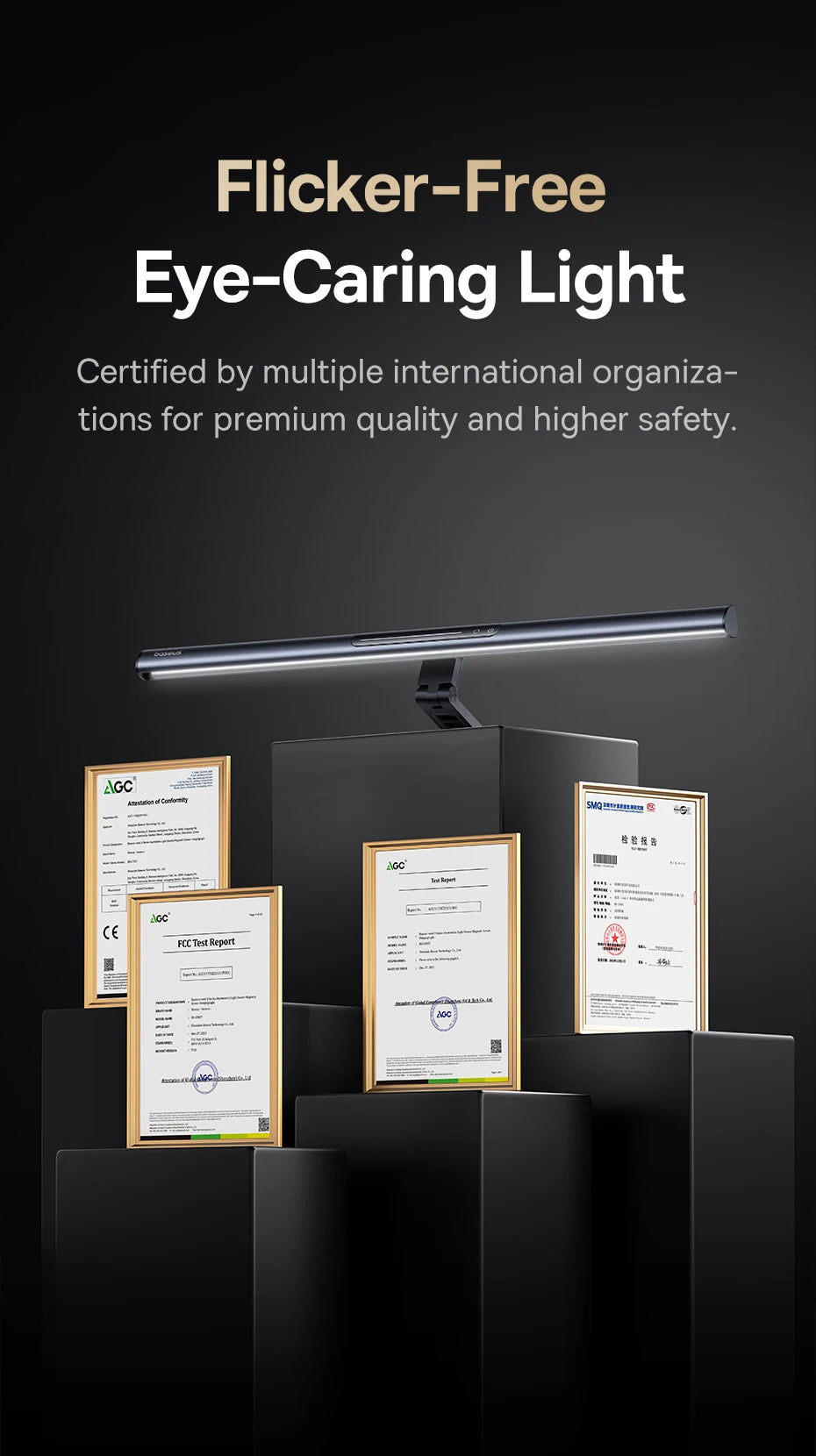 Flicker-free eye-caring light with certification logos on a black background