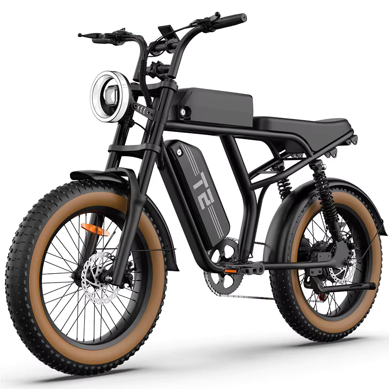 Black URLIFE T2 electric bike with brown tires on a white background