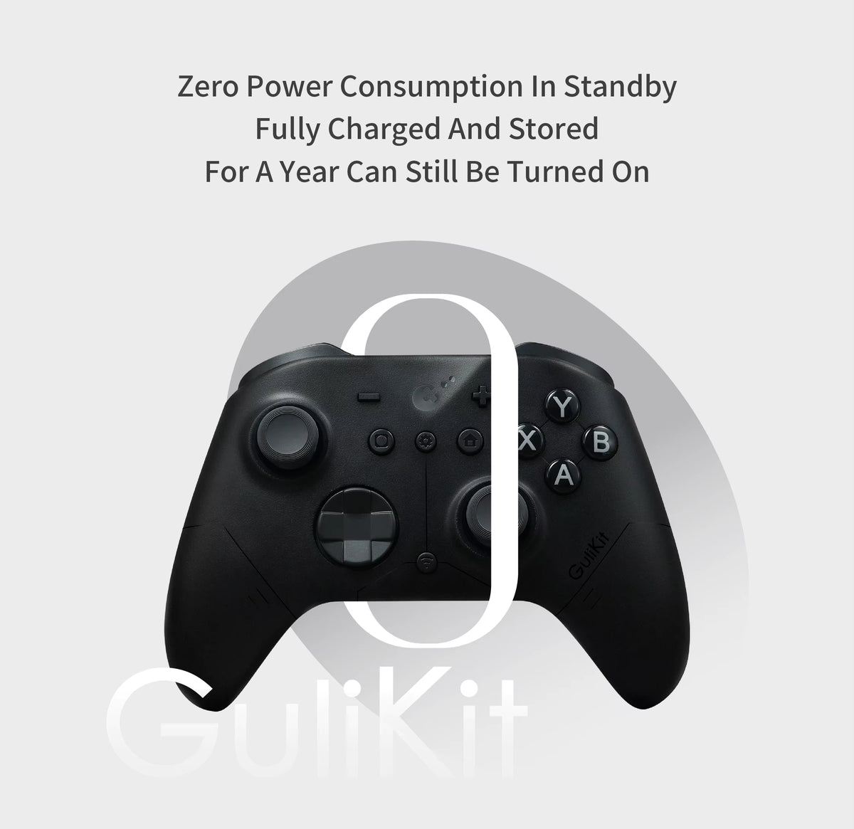 GuliKit ES Pro wireless gamepad in black showcasing zero power consumption in standby mode for long-term battery storage