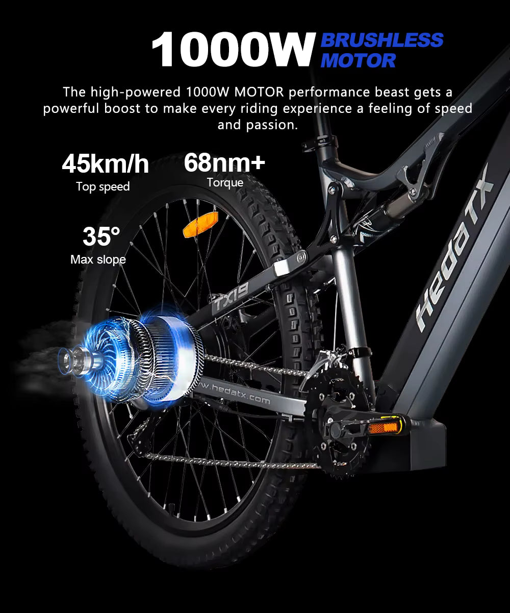 HedaTX TX19 Electric bike with 1000W brushless motor on a black background