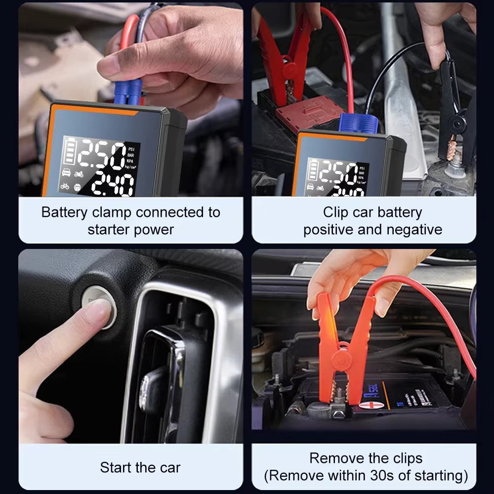 How-to guide showing step-by-step connection of smart jumper cables to car battery terminals