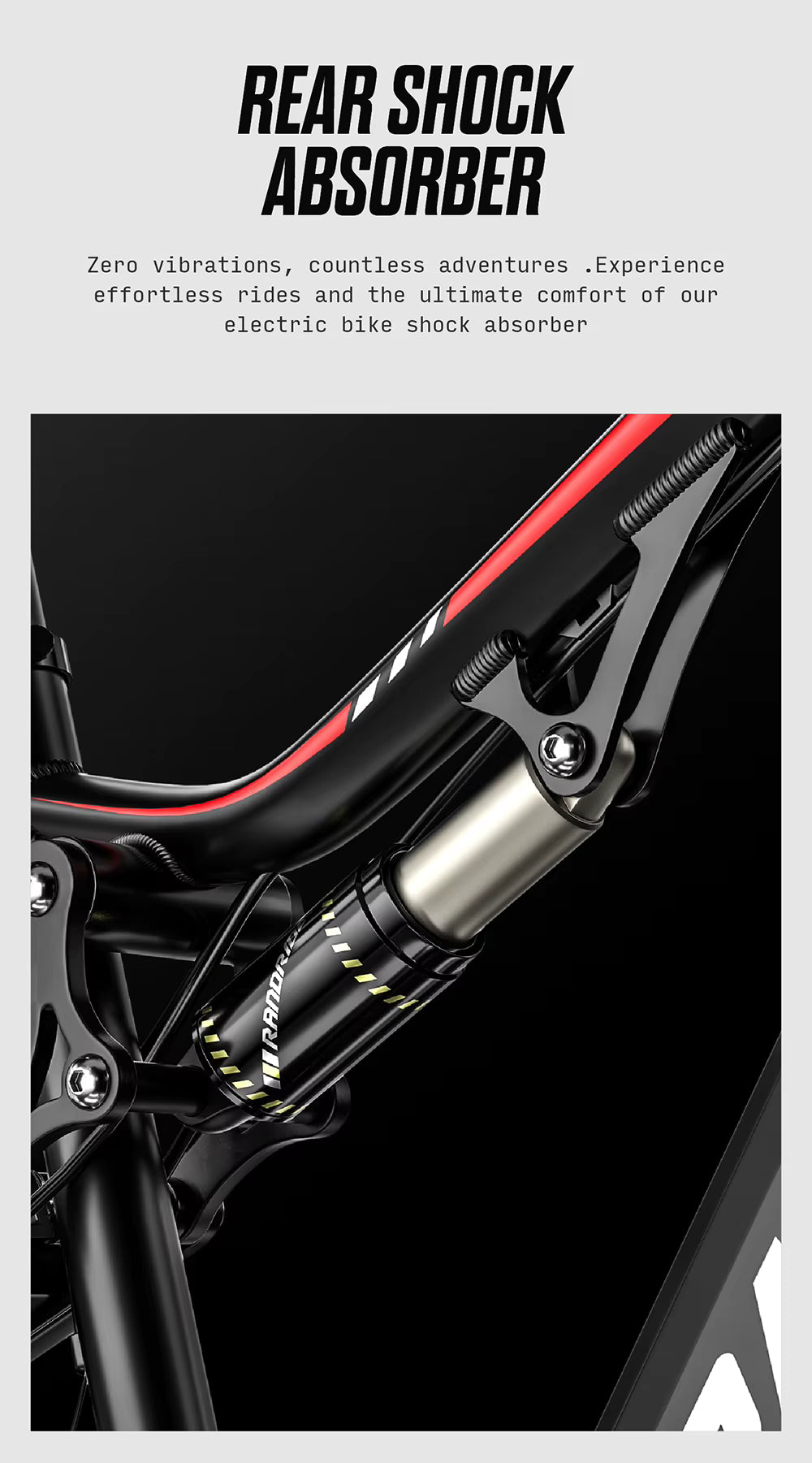 Close-up of a rear shock absorber on a bike with text about its benefits.