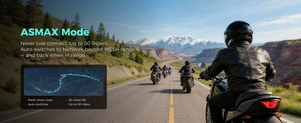 A group of motorcyclists rides along a mountain road under a blue sky, with a large text overlay reading 'ASMAX Mode' and a small inset showing a blue mesh connection graphic. The scene is a real outdoor environment, so this is Lifestyle rather than Product/Packaging.