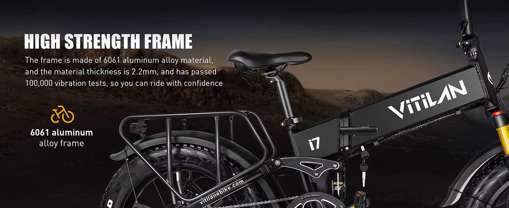 Vitilan i7 Pro 3.0 Electric bike with Vitilan branding and 6061 aluminum alloy frame details on a dark background.