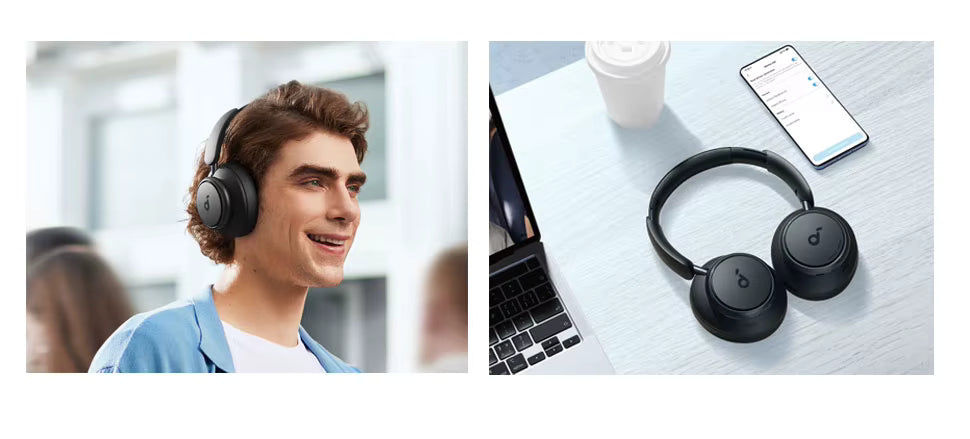 A split image showing black over-ear headphones in use: on the left, a young man wearing them in a bright indoor setting, and on the right, a close-up of the headphones on a light desk next to a laptop, phone, and coffee cup.