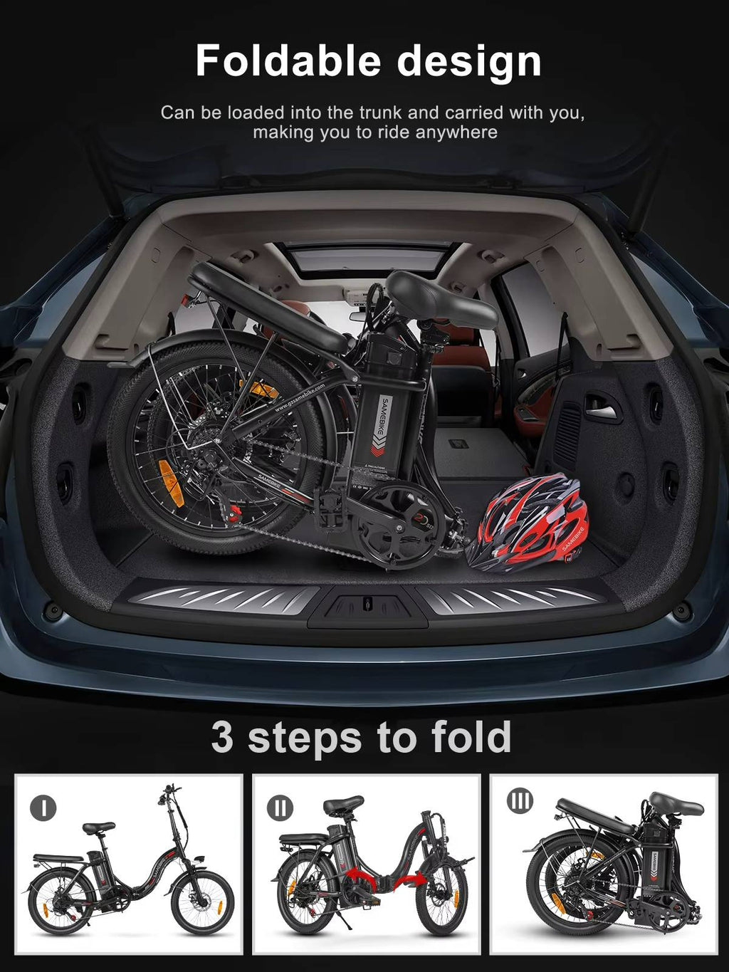 SAMEBIKE CY20 Foldable electric bike being loaded into a car trunk with text highlighting its portability.