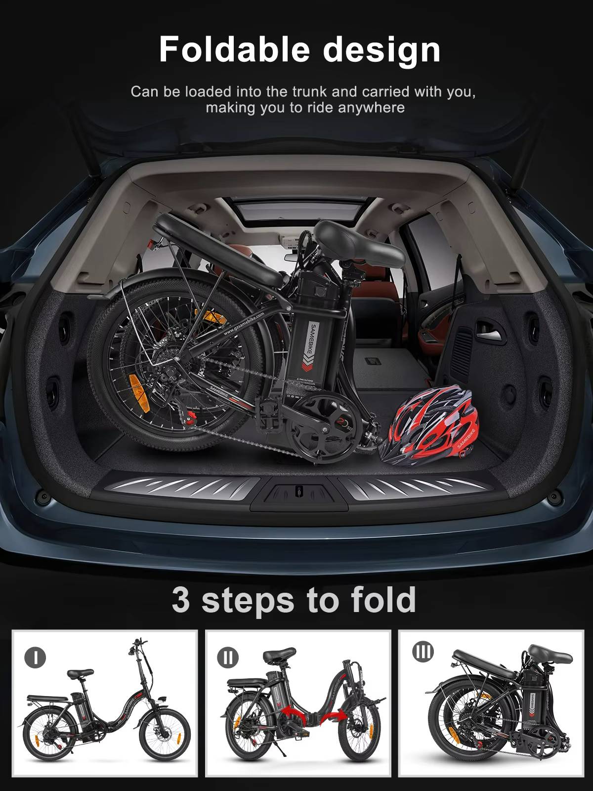 SAMEBIKE CY20 Foldable electric bike being loaded into a car trunk with text highlighting its portability.