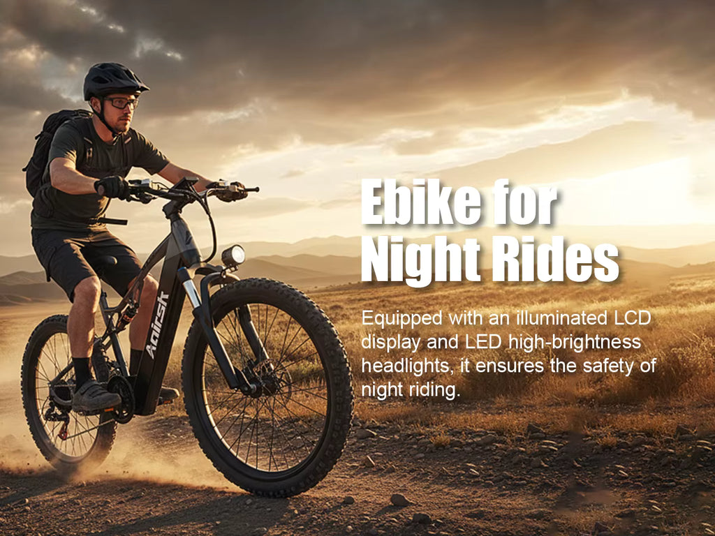 Man riding an electric bike on a dirt road with text about night riding safety features.