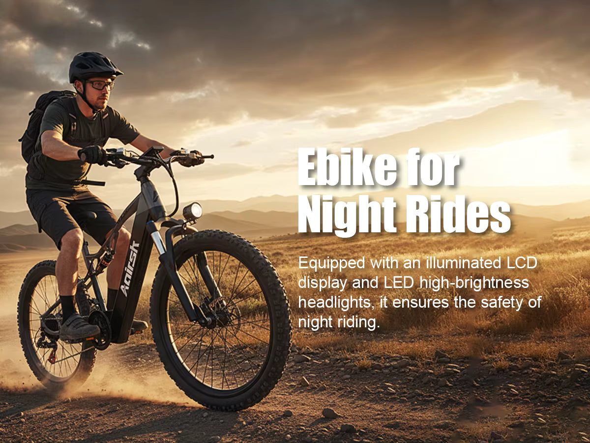 Man riding an electric bike on a dirt road with text about night riding safety features.