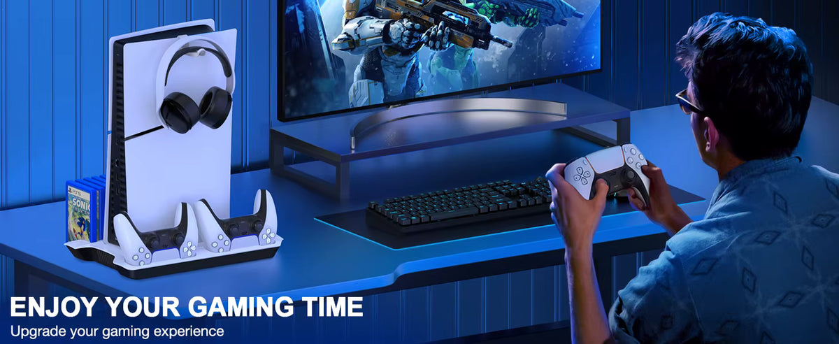Gamer using DualSense controller at clean organized gaming desk setup with vertical PS5 thermal station