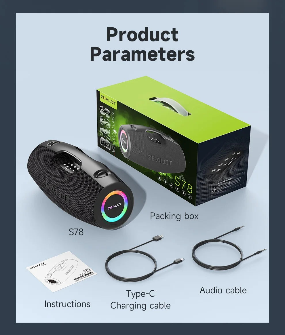 ZEALOT S78 speaker with packaging, charging cable, audio cable, and instructions on a light blue background.