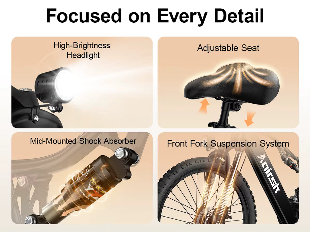 Bicycle features with high-brightness headlight, adjustable seat, mid-mounted shock absorber, and front fork suspension system.