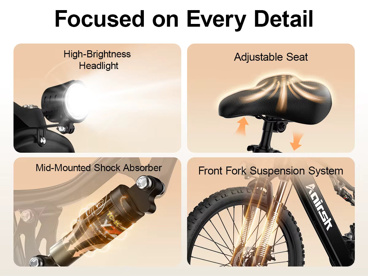 Bicycle features with high-brightness headlight, adjustable seat, mid-mounted shock absorber, and front fork suspension system.