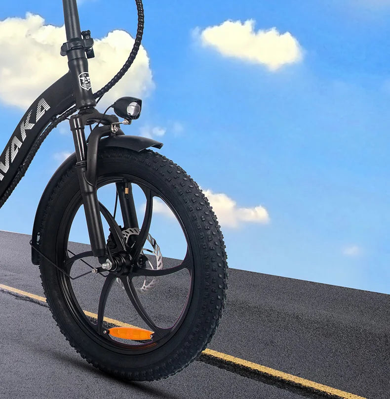 Black AVAKA BZ20 PLUS Foldable E‑bike  electric bike on a road with a blue sky background