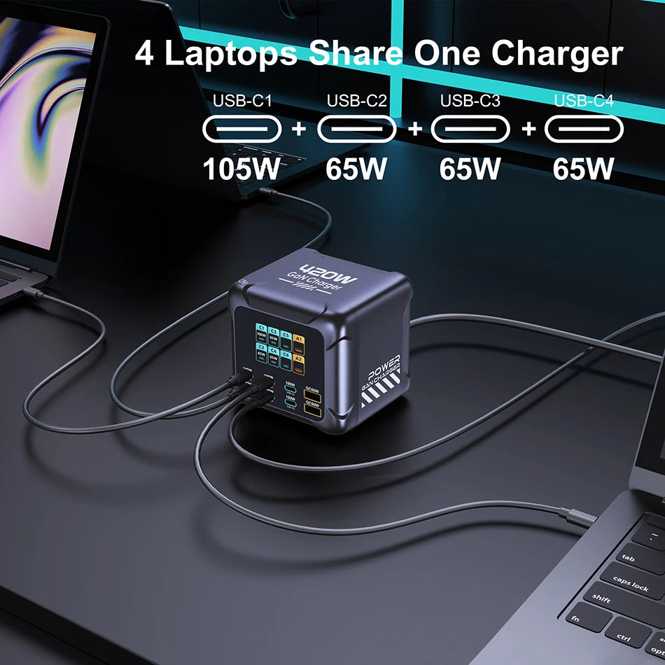 Power adapter with multiple USB ports charging four laptops, labeled with power output.