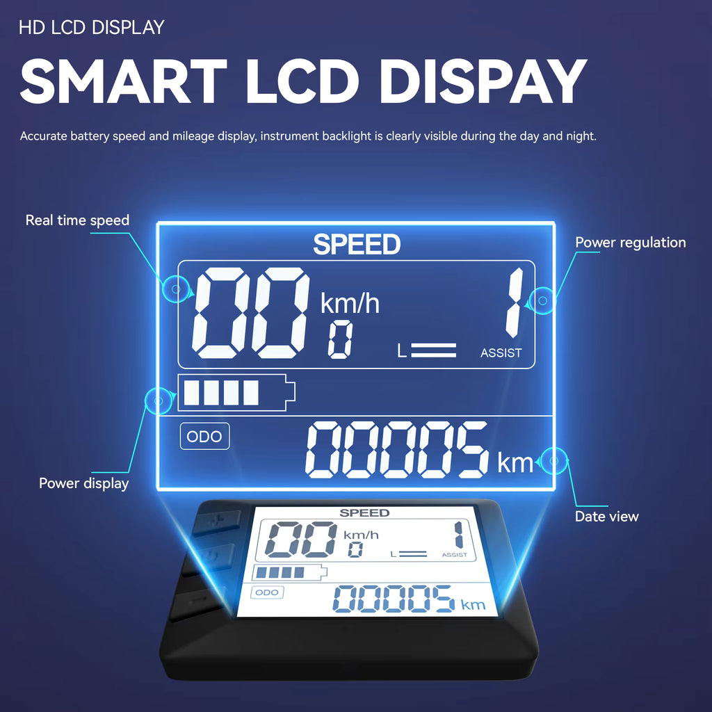 JANSNO X50 electric bike Smart LCD display with digital speedometer and battery indicator on a blue background