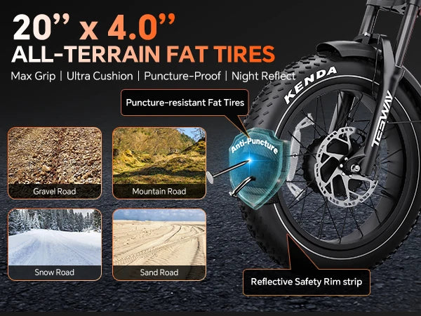 Kenda all-terrain fat tire with features highlighted on a dark background for the TESWAY X5 AWD e-bike