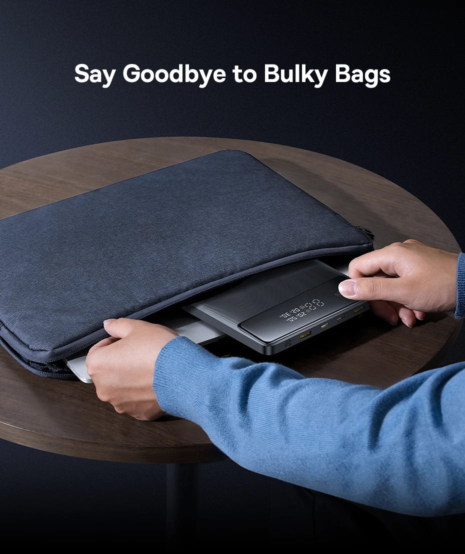 Person using a device to compress a bulky bag on a table with text 'Say Goodbye to Bulky Bags'.