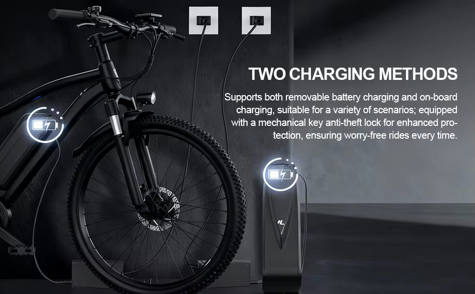 Electric bike charging on a black background with text about charging methods.