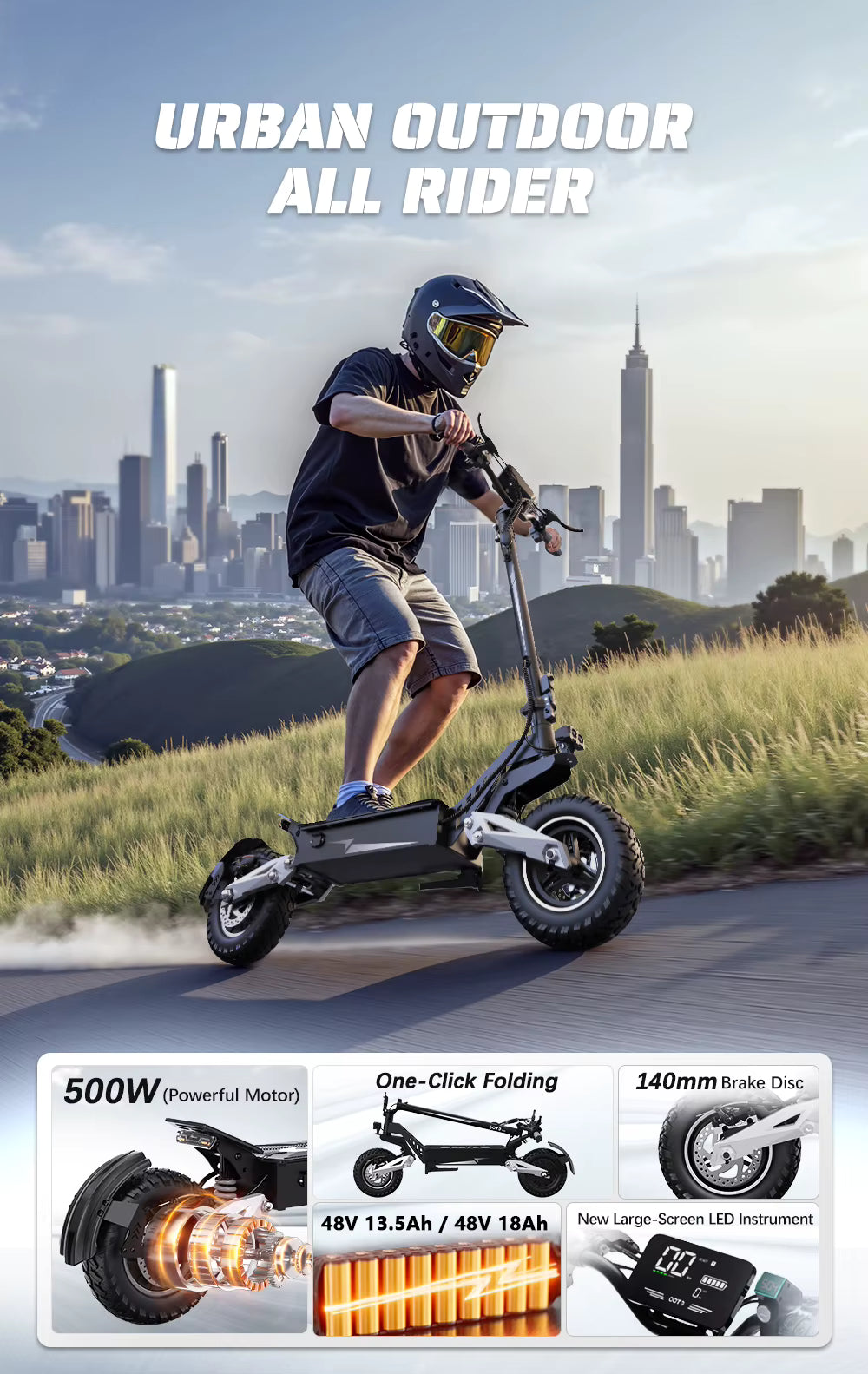 Person riding an electric scooter with a cityscape in the background